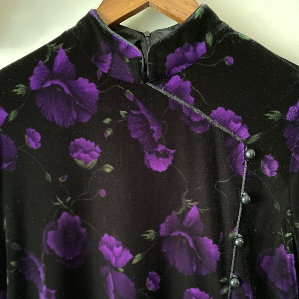 Black Velvet with Purple flower Dress Faux Asian style